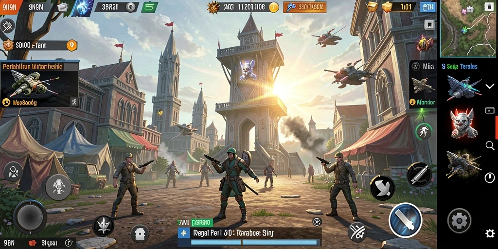 Screenshot gameplay 9N9N menampilkan aksi menara pertahanan yang strategis.
