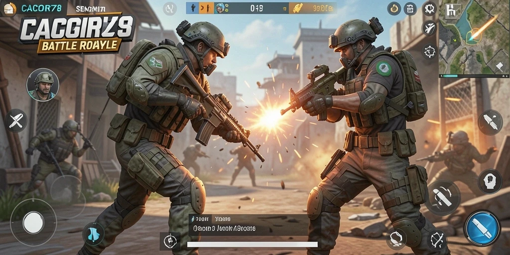 Screenshot utama CACOR78 menampilkan aksi seru dalam pertarungan Battle Royale.