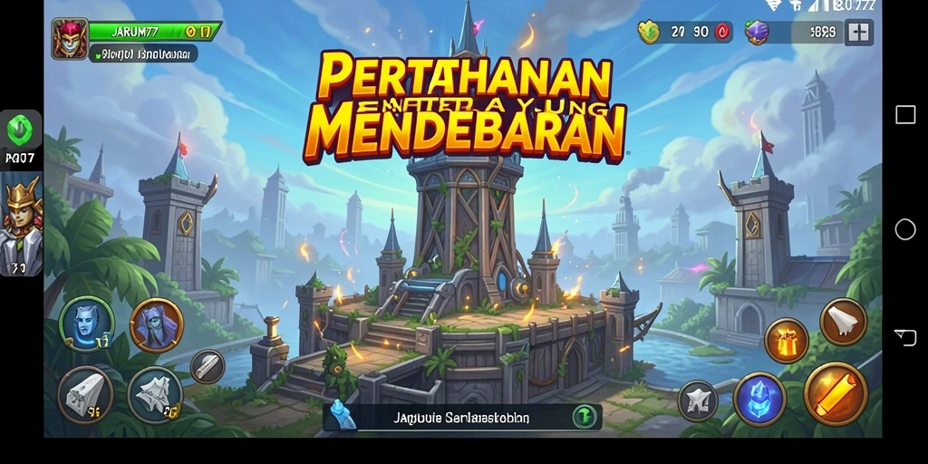 Screenshot dari gameplay JARUM77 menampilkan pertahanan menara yang dramatis.