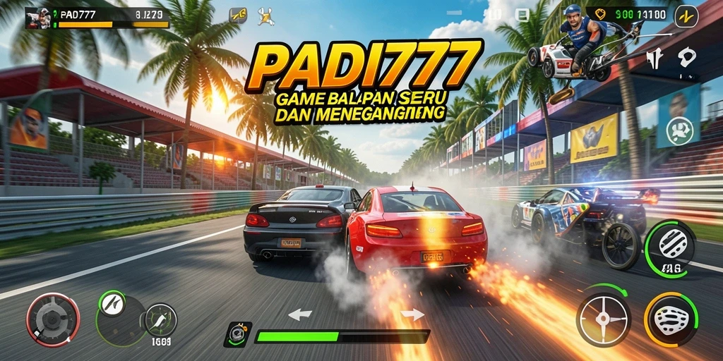 Screenshot PADI777 menunjukkan balapan mendebarkan dengan mobil yang melaju kencang.