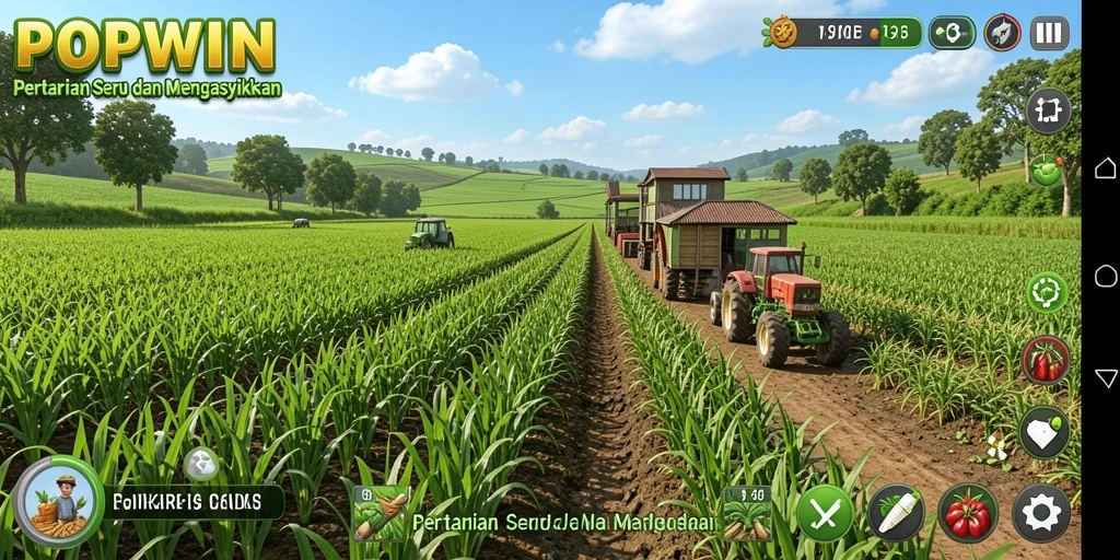 Screenshot utama POPWIN menampilkan gameplay pertanian yang seru.