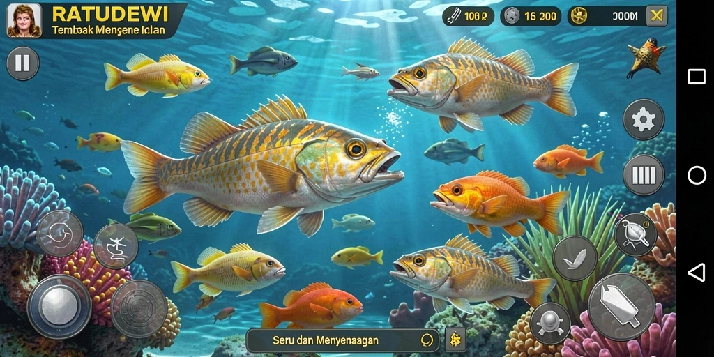 Tampilkan gameplay menegangkan dalam RATUDEWI saat menangkap ikan.