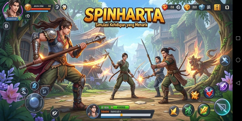 Tangkapan layar gameplay SPINHARTA menampilkan aktivitas simulasi kehidupan yang mendalam.